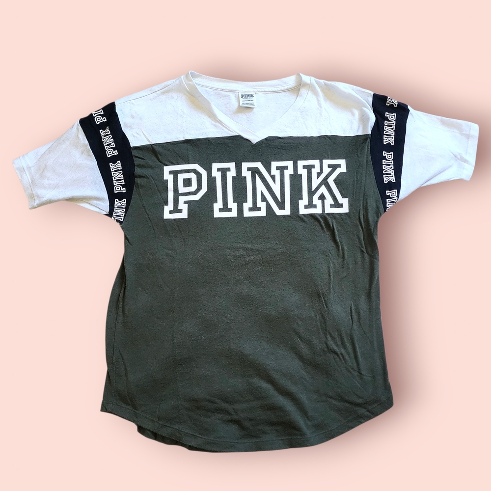 PINK Victoria's Secret Green & White Two-Tone V-Neck Tee T Shirt Jersey